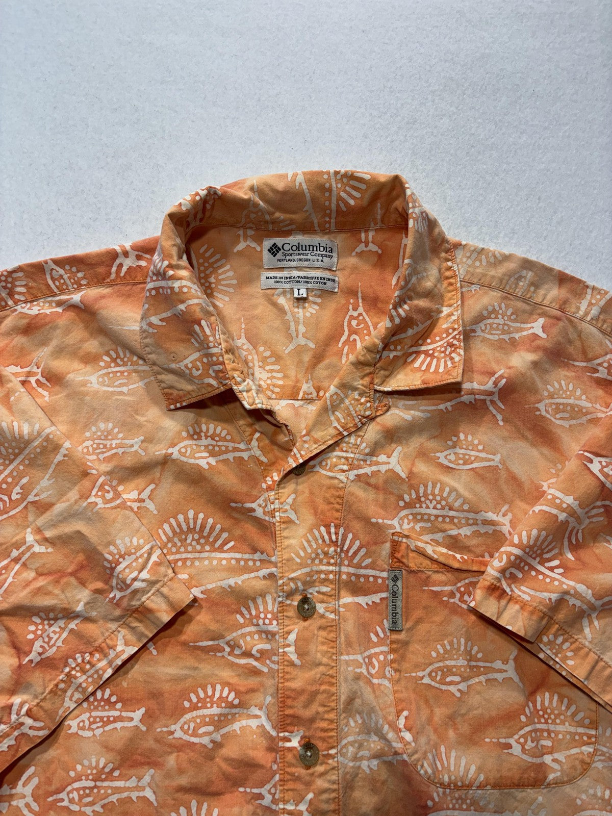 Columbia Shirt Mens Large Orange Fish Print Short Sleeve Button Up Hawaiian