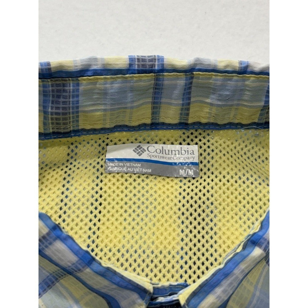 Columbia PFG Shirt Mens Medium Yellow Blue Plaid Long Sleeve Fishing Button Up
