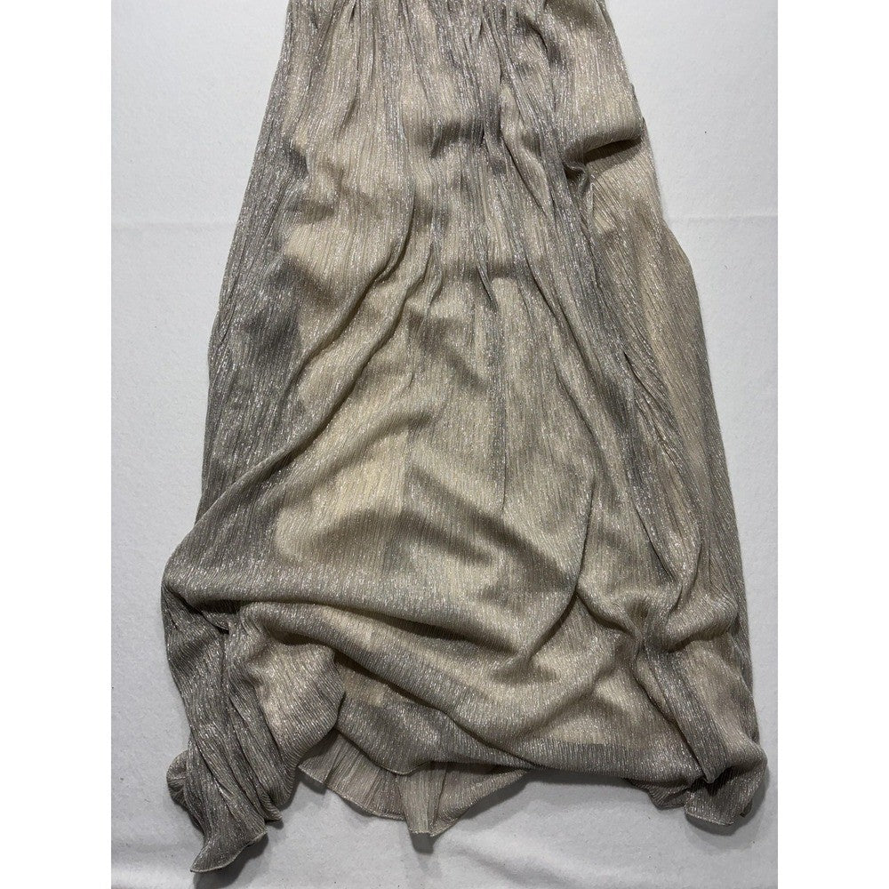 LINI Katherine Dress Womens Medium Champagne Metallic Pleated V Neck Maxi
