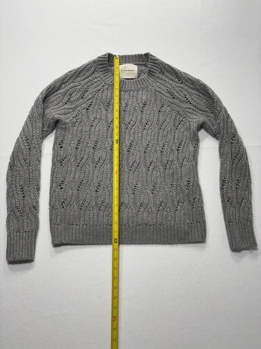Lucky Brand Sweater Womens Small Gray Open Knit Crew Neck Raglan Glitter Alpaca