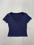 Blue V Neck Short Sleeve Stretch Tee Basic Casual Shirt Womens Medium C187VOV65