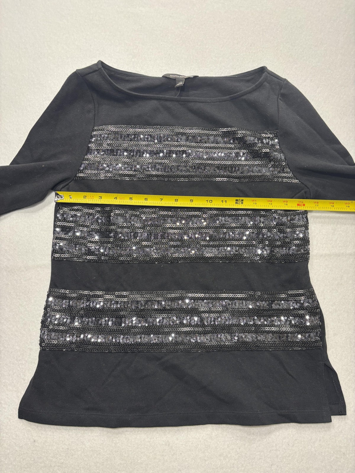 Banana Republic Top Womens XS Black Sequin Stripe Boat Neck Long Sleeve Party