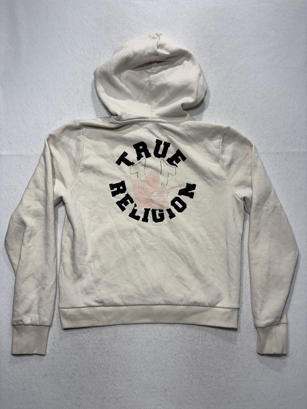 True Religion Hoodie Womens XL White Rhinestone Logo Full Zip Graphic Buddha