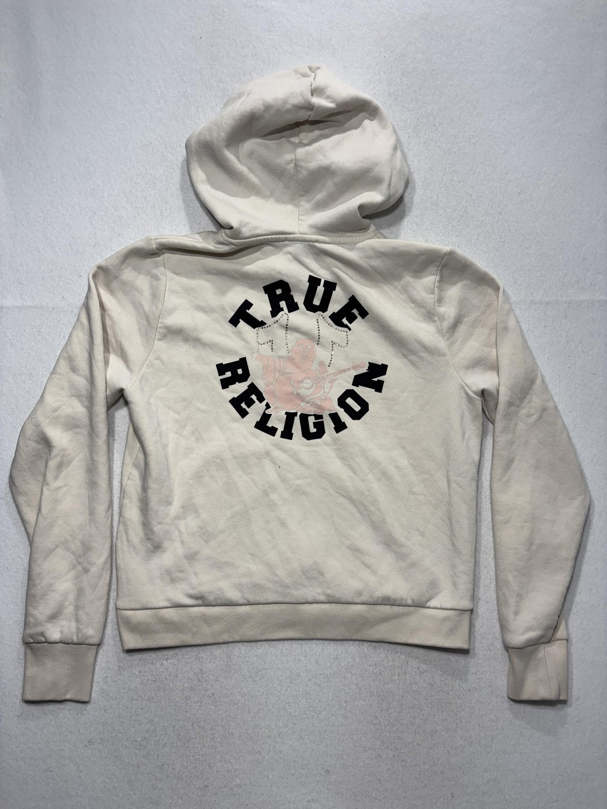 True Religion Hoodie Womens XL White Rhinestone Logo Full Zip Graphic Buddha