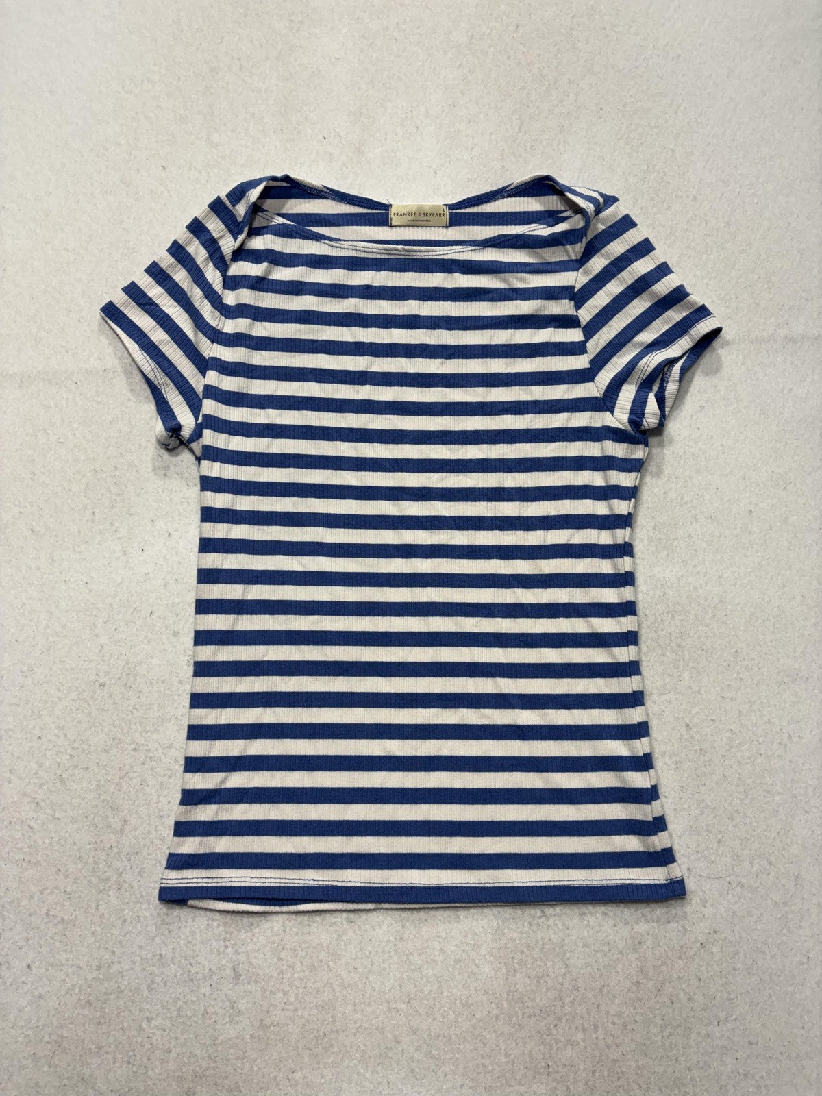 Frankee & Skylarr Womens L Blue Stripe Boat Neck Short Sleeve Tee TY70411-ROS