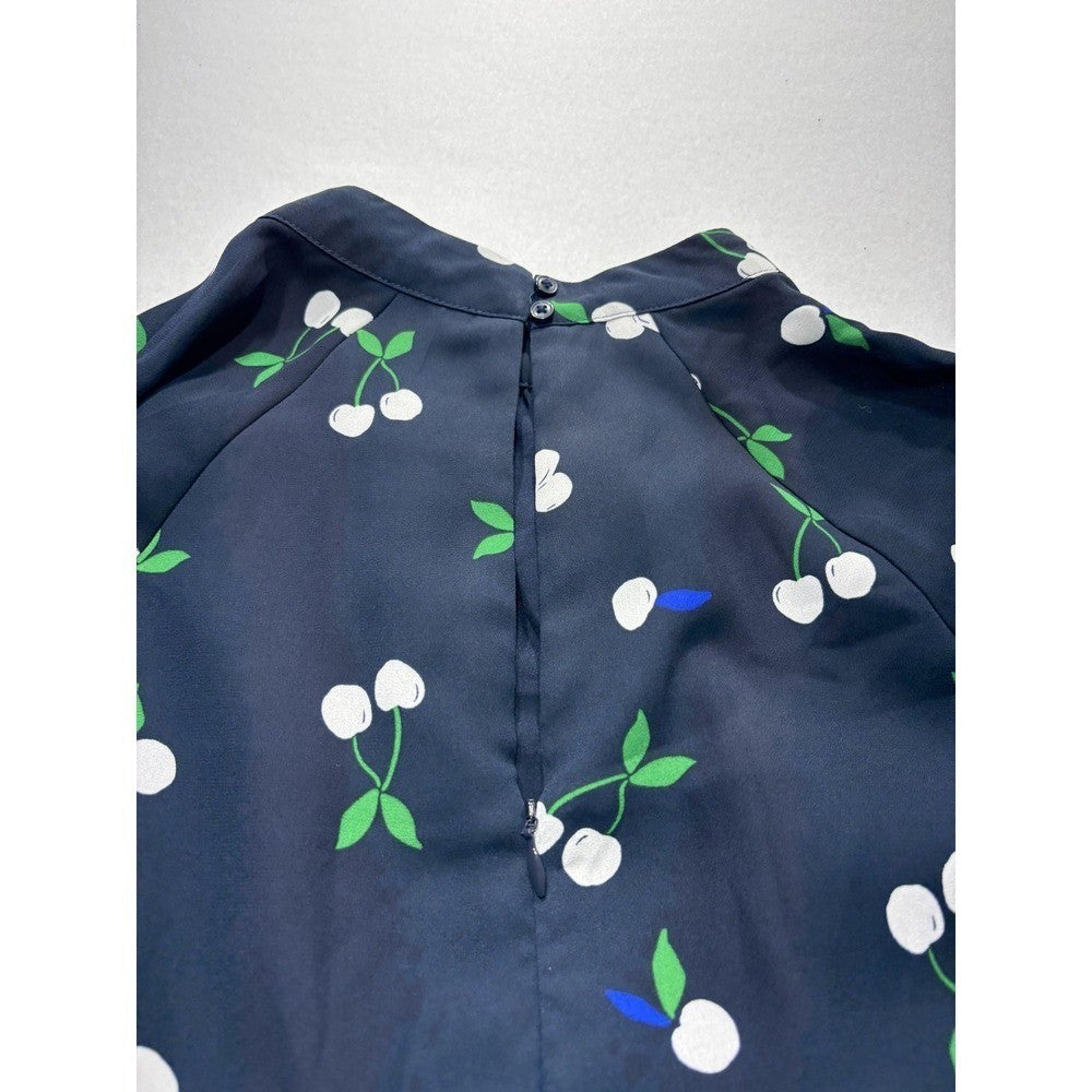Banana Republic Dress Womens 6 Blue Cherry Print Mock Neck Long Sleeve Fit Flare