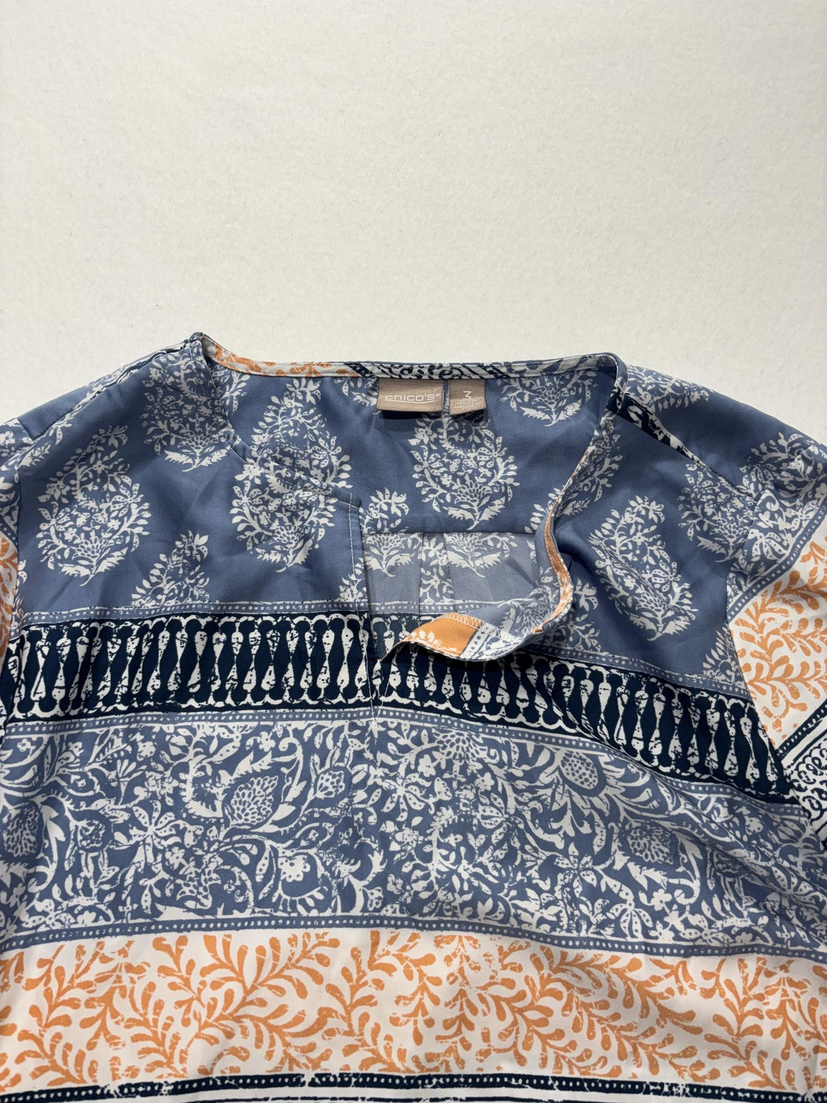 Chico's Blouse Womens 3 Blue Orange Paisley Print Henley 3/4 Roll Tab Tunic Top