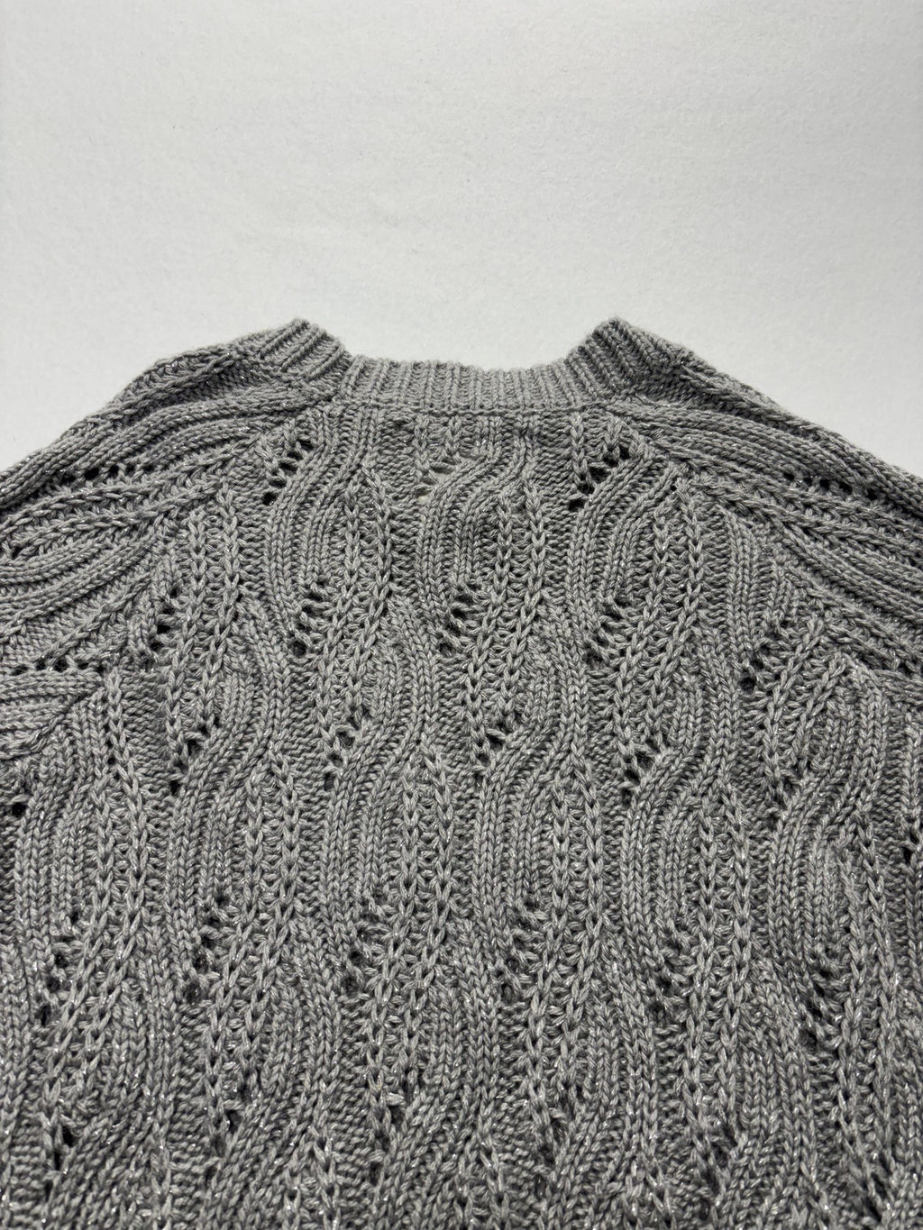 Lucky Brand Sweater Womens Small Gray Open Knit Crew Neck Raglan Glitter Alpaca