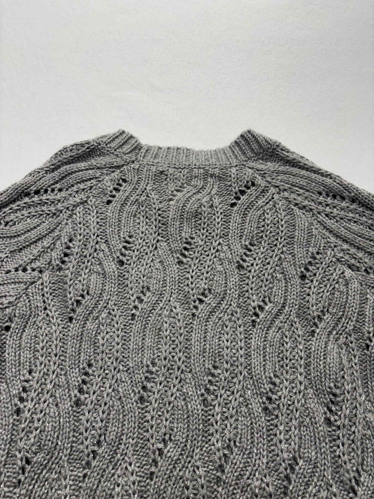 Lucky Brand Sweater Womens Small Gray Open Knit Crew Neck Raglan Glitter Alpaca