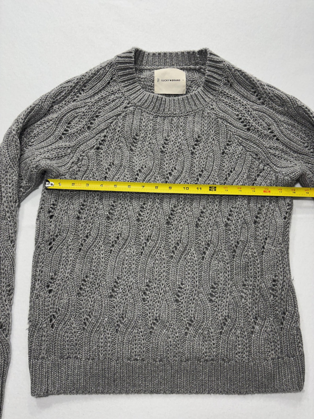 Lucky Brand Sweater Womens Small Gray Open Knit Crew Neck Raglan Glitter Alpaca