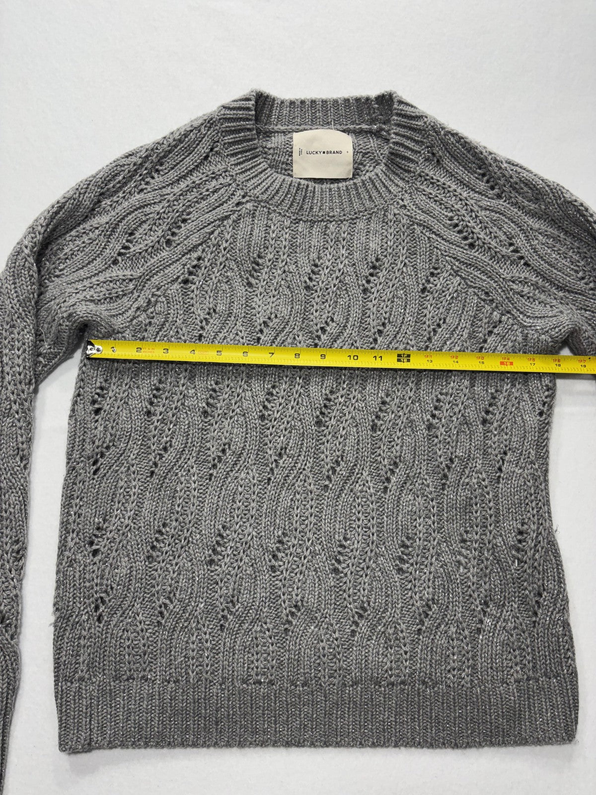 Lucky Brand Sweater Womens Small Gray Open Knit Crew Neck Raglan Glitter Alpaca
