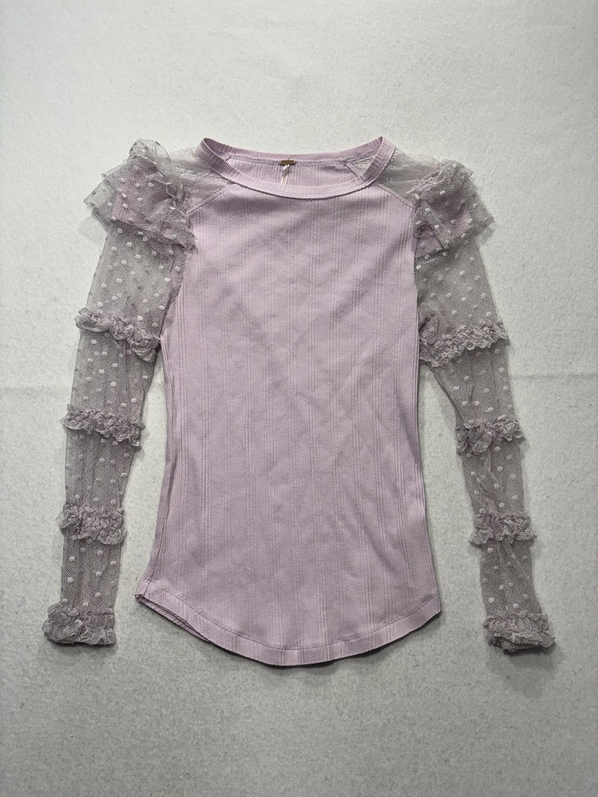 Urban Outfitters Top Womens M/L Purple Crew Neck Sheer Puff Sleeve Dot Ruffle