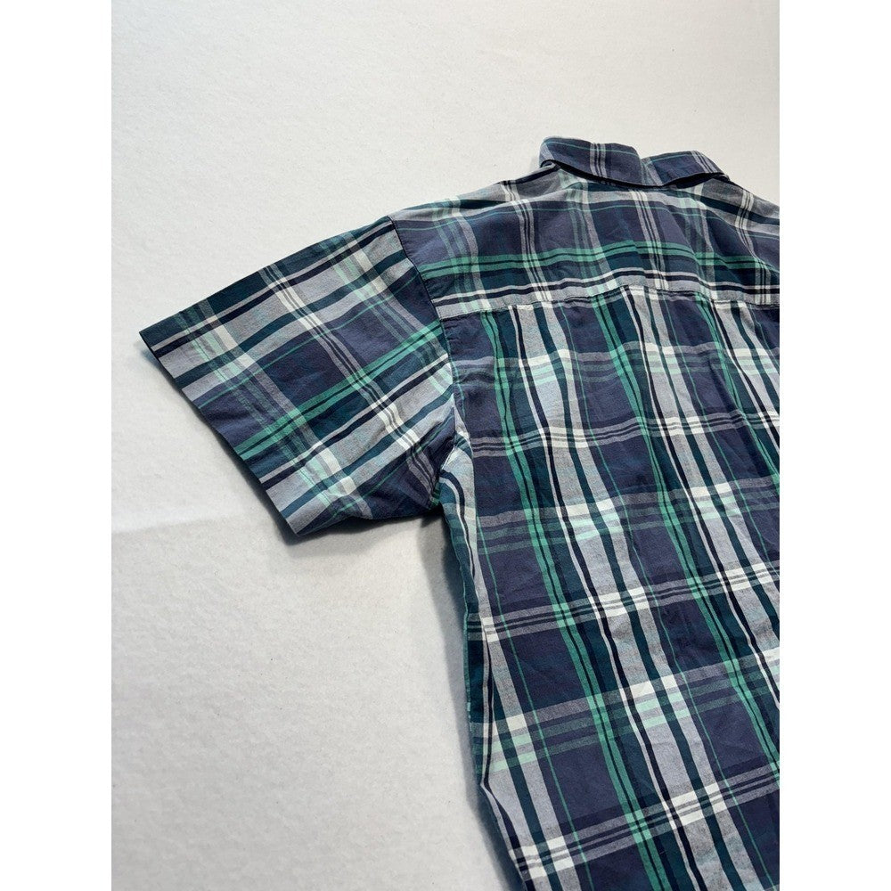 Columbia Shirt Mens Large Blue Green Plaid Short Sleeve Button Up Casual Stretch