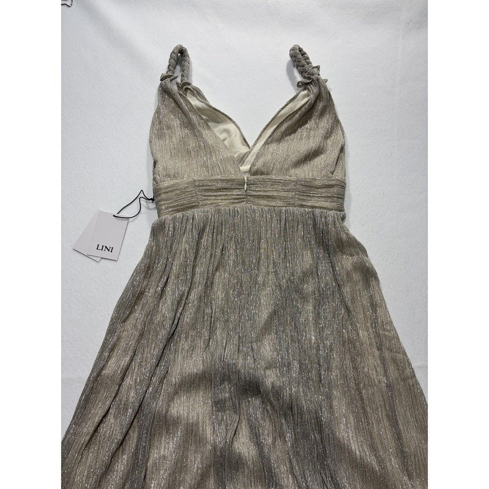 LINI Katherine Dress Womens Medium Champagne Metallic Pleated V Neck Maxi