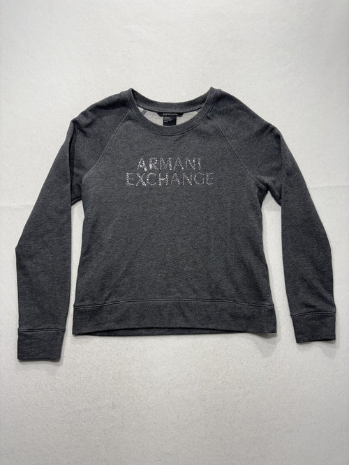 Armani Exchange Sweatshirt Womens Medium Gray Rhinestone Logo Raglan Pullover