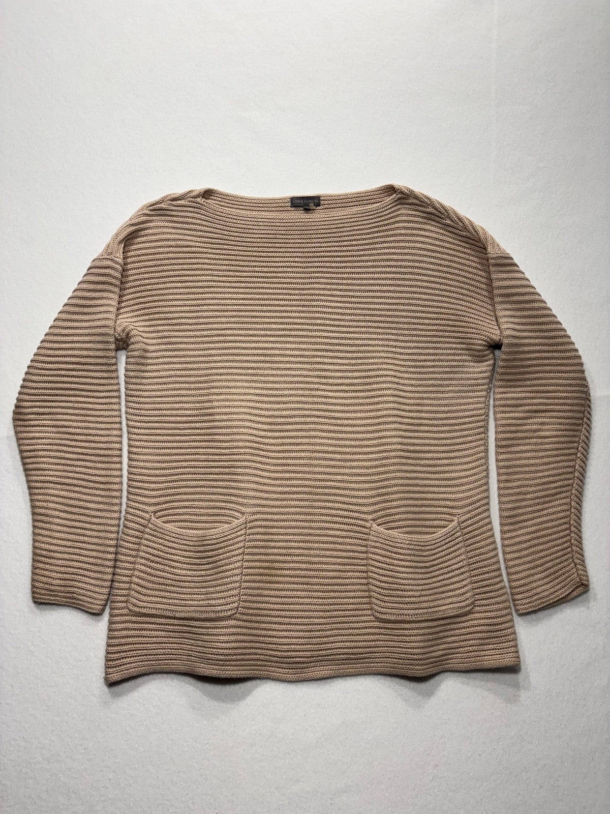 Vince Camuto Sweater Womens Medium Beige Textured Knit Boat Neck Pocket Pullover