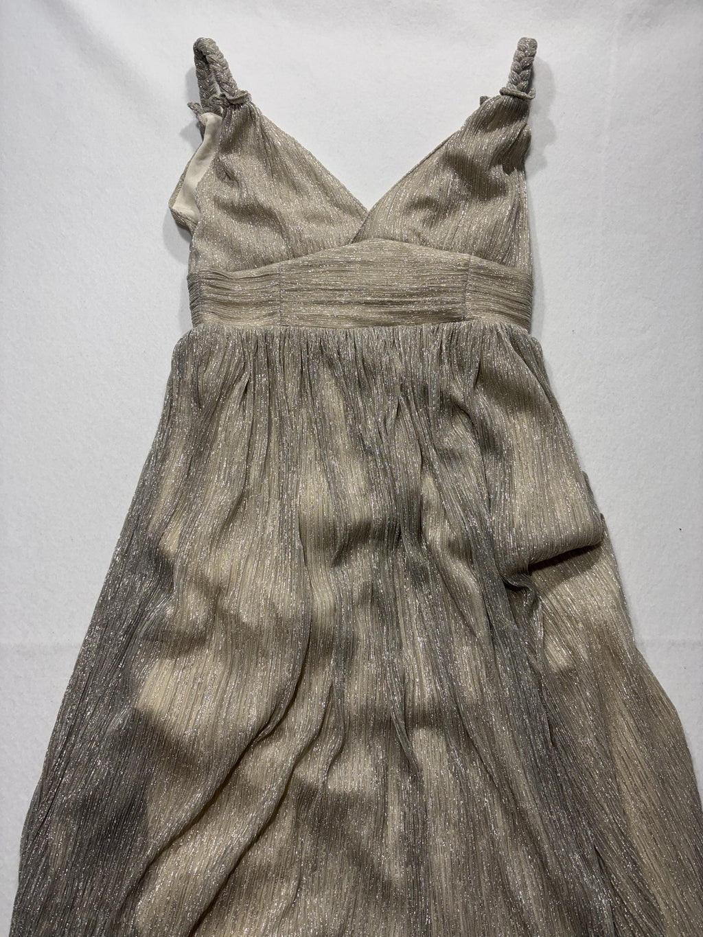 LINI Katherine Dress Womens Medium Champagne Metallic Pleated V Neck Maxi Formal