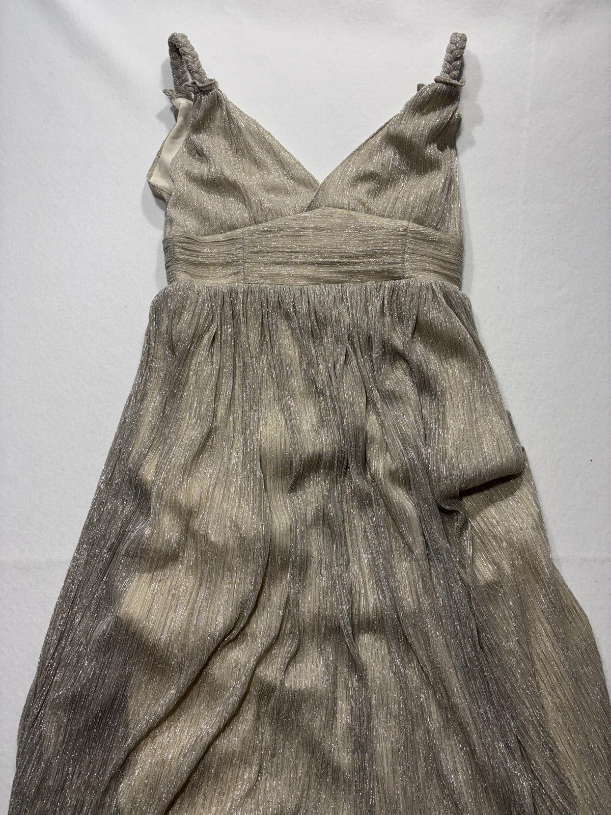 LINI Katherine Dress Womens Medium Champagne Metallic Pleated V Neck Maxi Formal