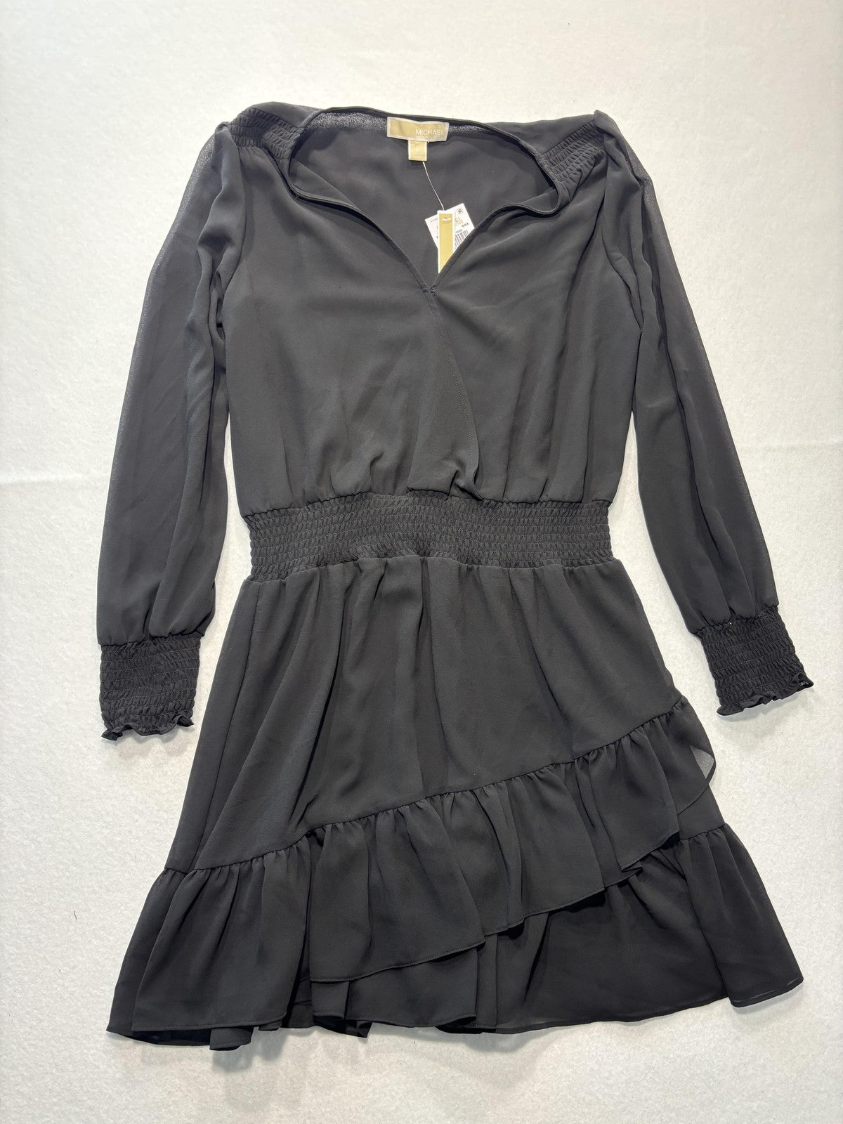 Michael Michael Kors Dress Womens M Black Chiffon Wrap Smocked Ruffle Lined