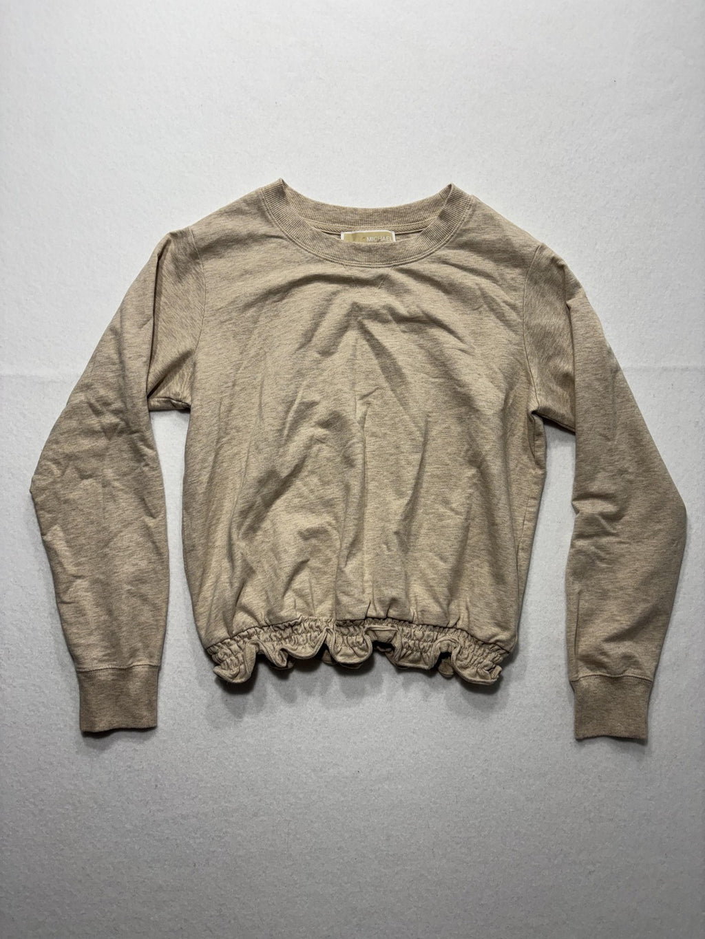 MICHAEL Michael Kors Top Womens Small Beige Crew Neck Long Sleeve Ruffle Hem