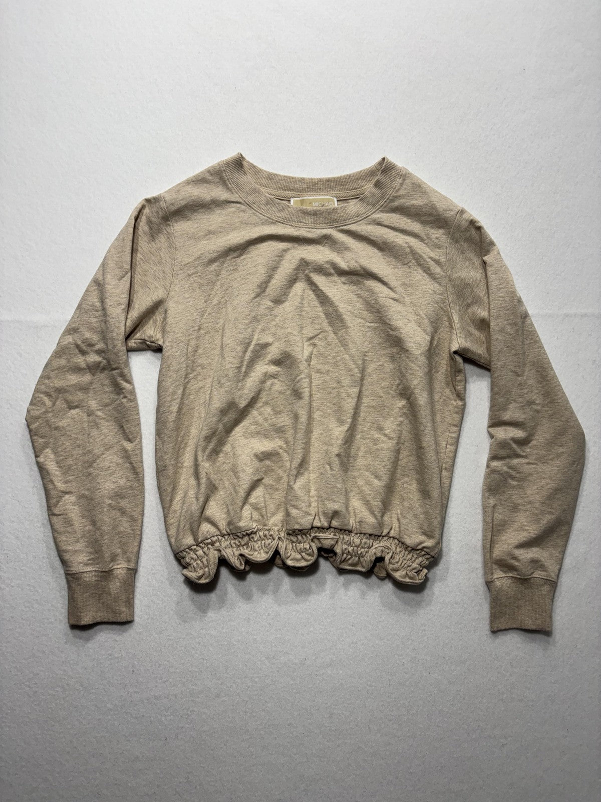 MICHAEL Michael Kors Top Womens Small Beige Crew Neck Long Sleeve Ruffle Hem