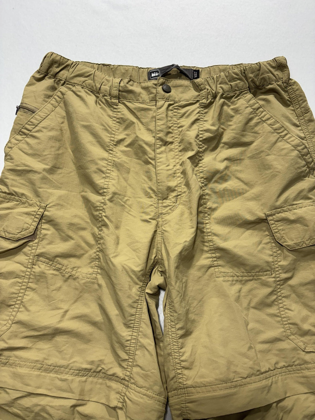 REI Convertible Cargo Pants Mens Medium Beige Nylon Elastic Waist UPF 50 Hiking