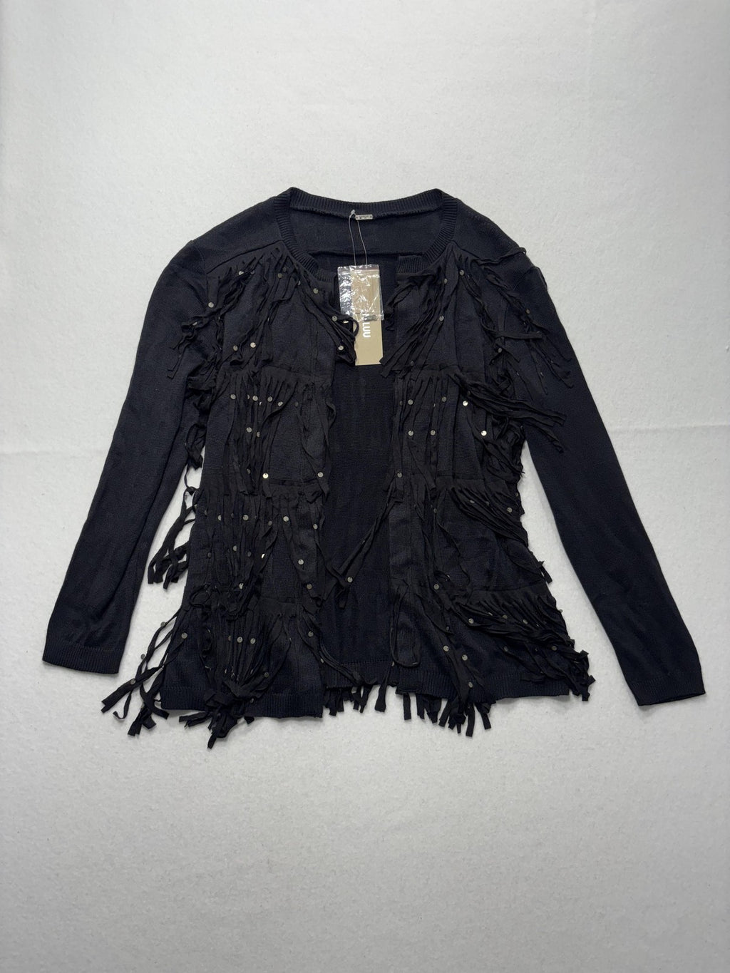 Chan Luu Cardigan Womens XS Black Fringe Sequin Knit Open Front Boho Long Sleeve