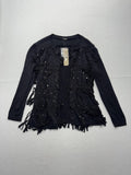 Chan Luu Cardigan Womens XS Black Fringe Sequin Knit Open Front Boho Long Sleeve