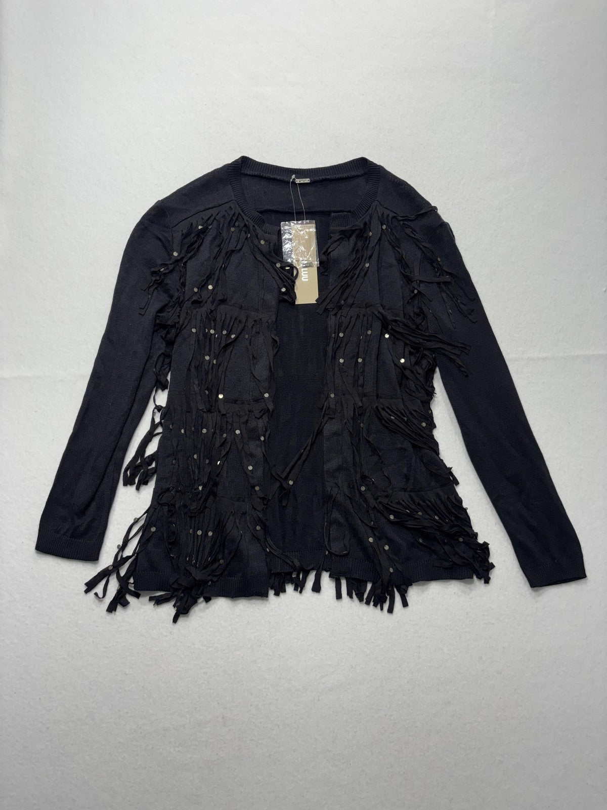 Chan Luu Cardigan Womens XS Black Fringe Sequin Knit Open Front Boho Long Sleeve