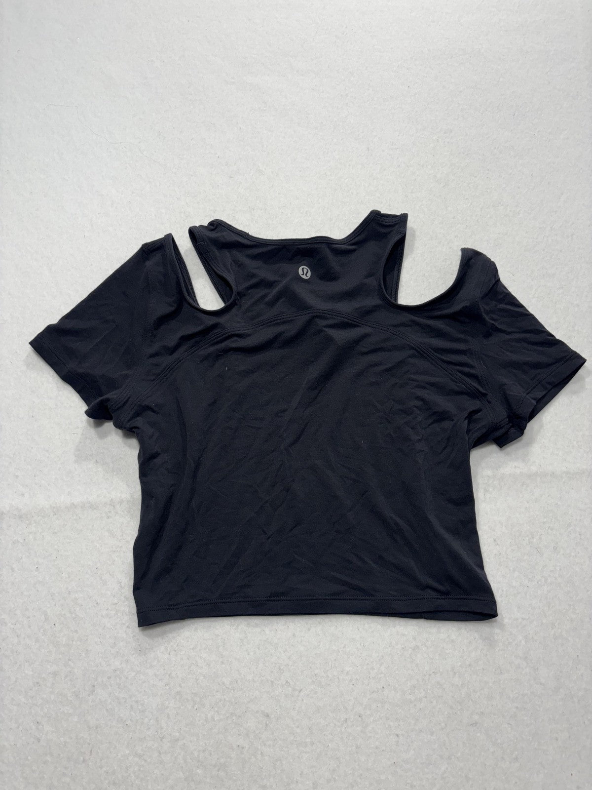 Lululemon Shirt Womens 4 Black Cold Shoulder Crew Neck Cropped Stretch Tee Top