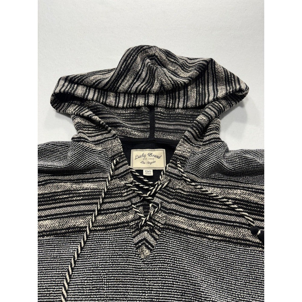 Lucky Brand Sweater Womens XS/S Black Striped Hooded Fringe Poncho Pullover