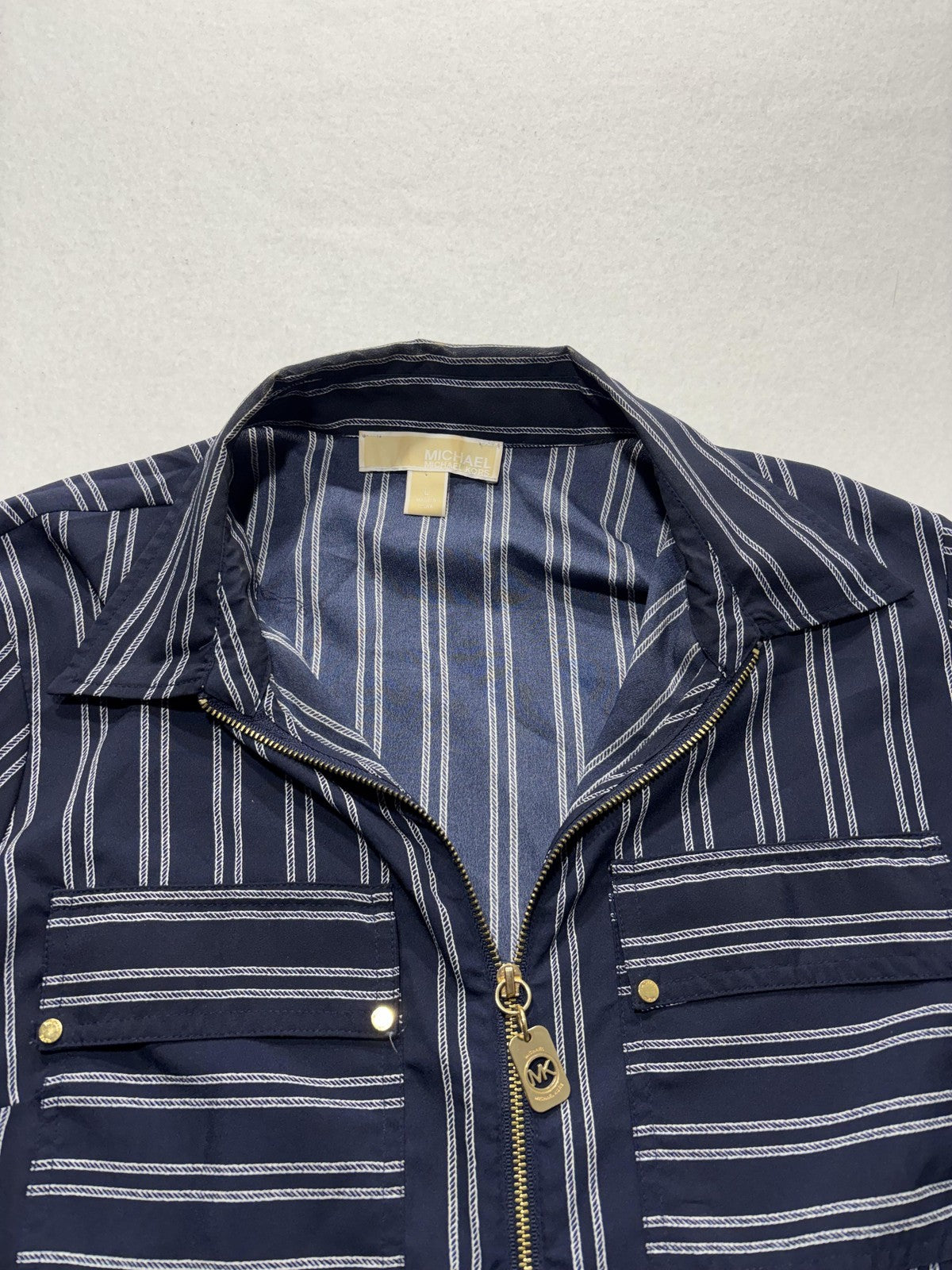 MICHAEL Michael Kors Blouse Womens Large Blue Stripe Zip Tunic Long Sleeve Top