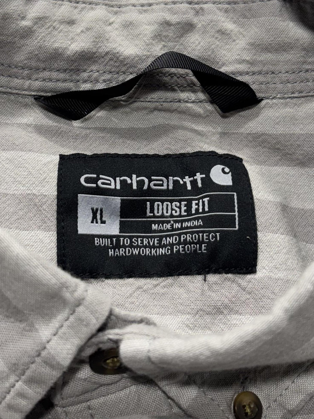 Carhartt Shirt Mens XL Gray Striped Loose Fit Short Sleeve Button Up Workwear