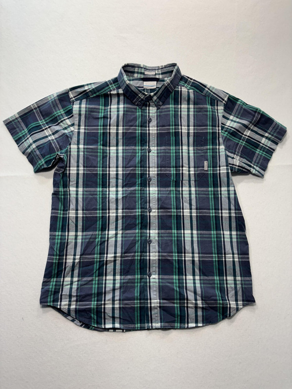 Columbia Shirt Mens Large Blue Green Plaid Short Sleeve Button Up Casual Stretch