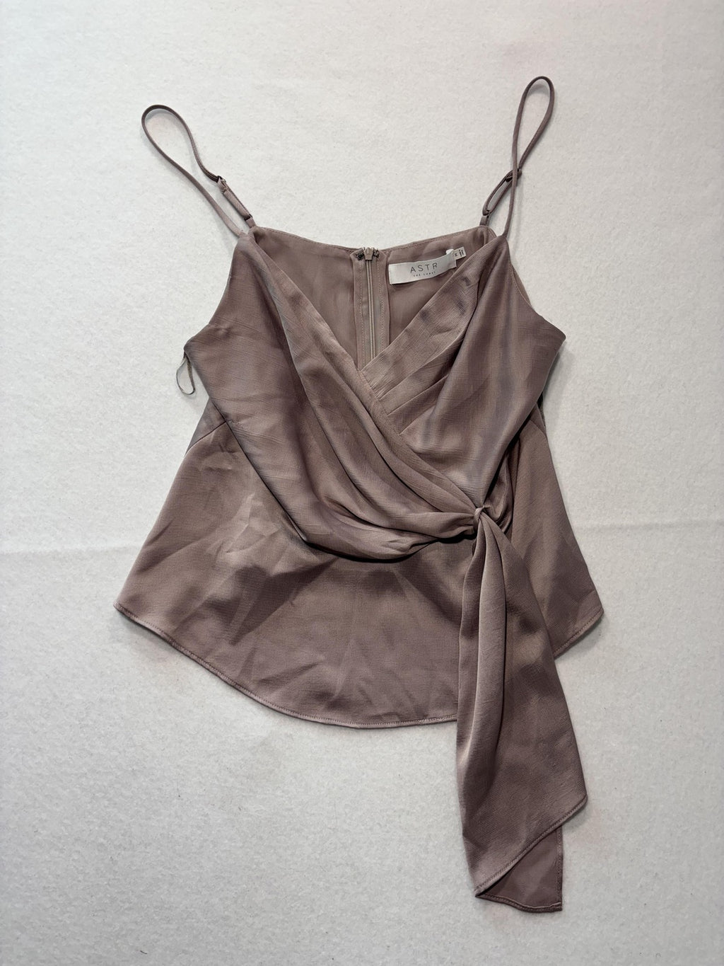 ASTR The Label Tank Womens Medium Taupe Wrap Front Tie Satin Cami Top Party