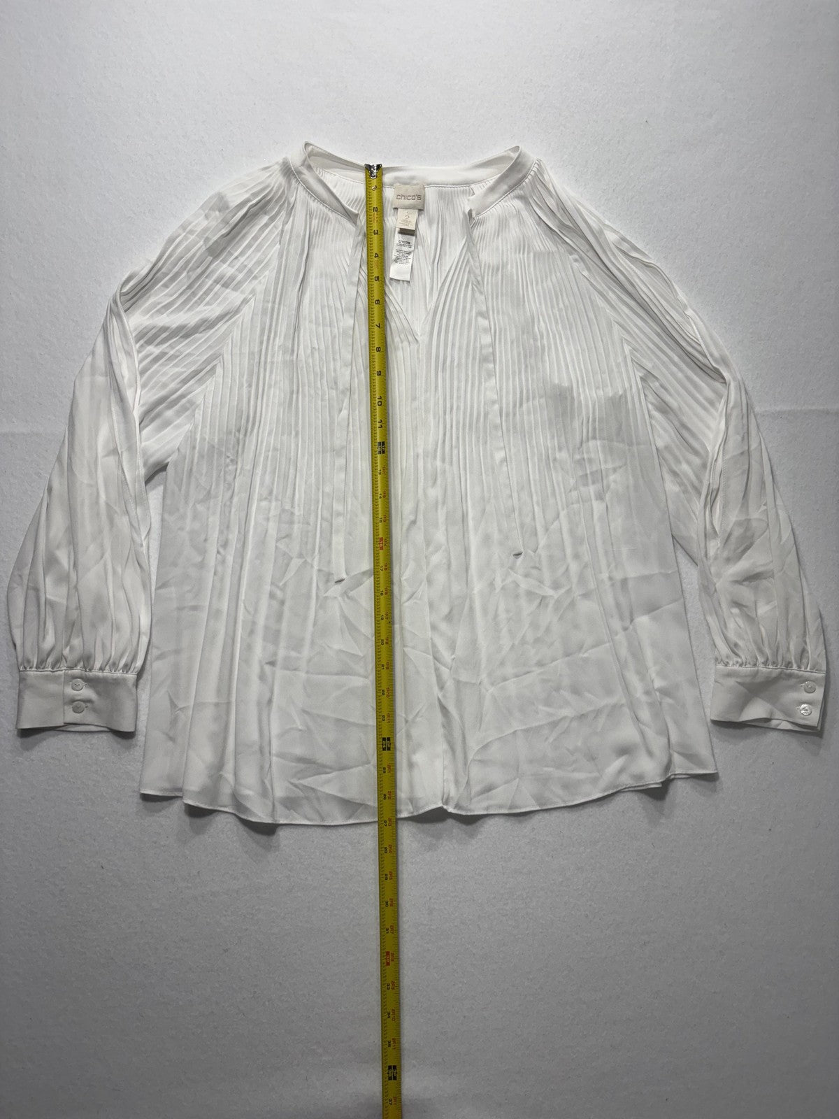 Chico's Blouse Womens 2 White Pleated V Neck Long Balloon Sleeve Tunic Top