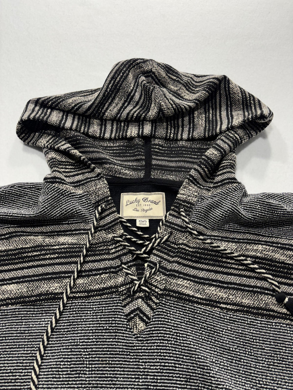 Lucky Brand Sweater Womens XS/S Black Striped Hooded Fringe Poncho Pullover