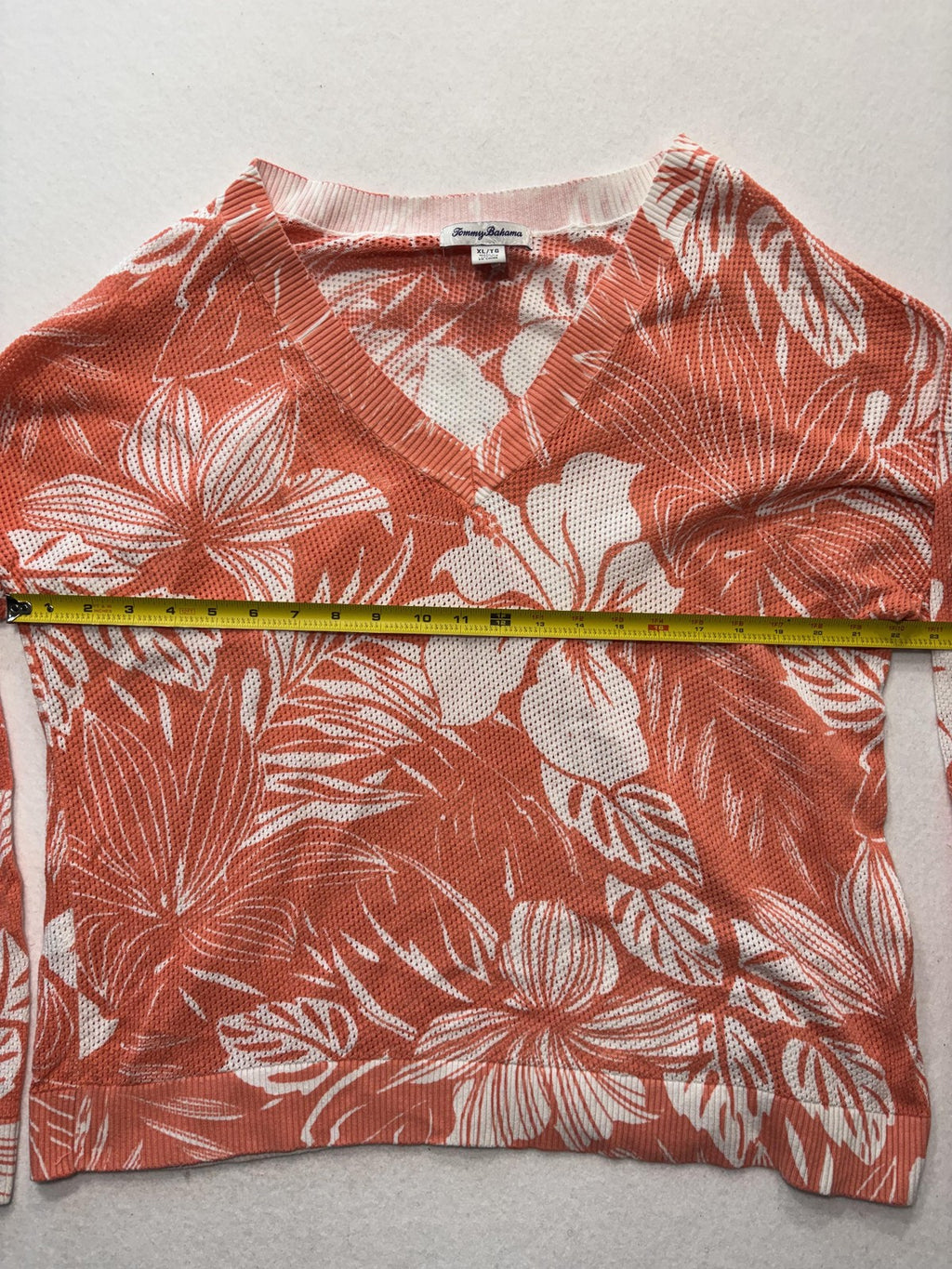 Tommy Bahama Sweater Womens XL Orange Floral V Neck Waffle Knit Tropical Top
