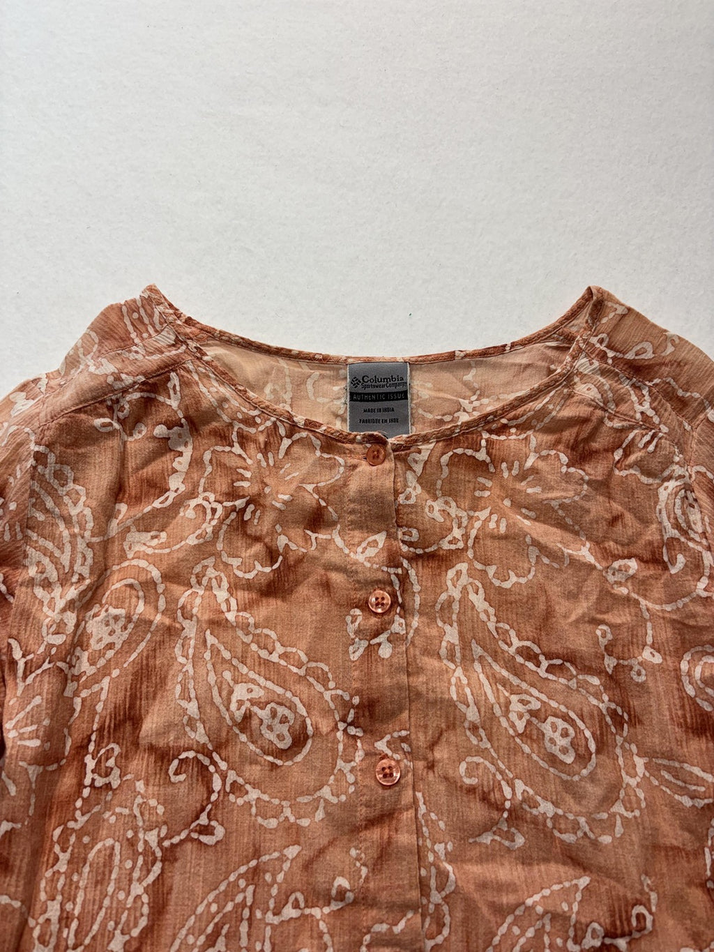 Columbia Blouse Womens Small Brown Paisley 3/4 Sleeve Tunic Button Front Cotton