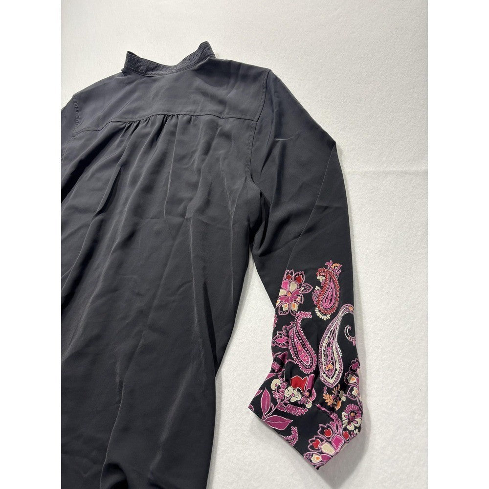 Chicos Womens 2 Black Paisley Floral Tunic Blouse Long Sleeve Mandarin Top