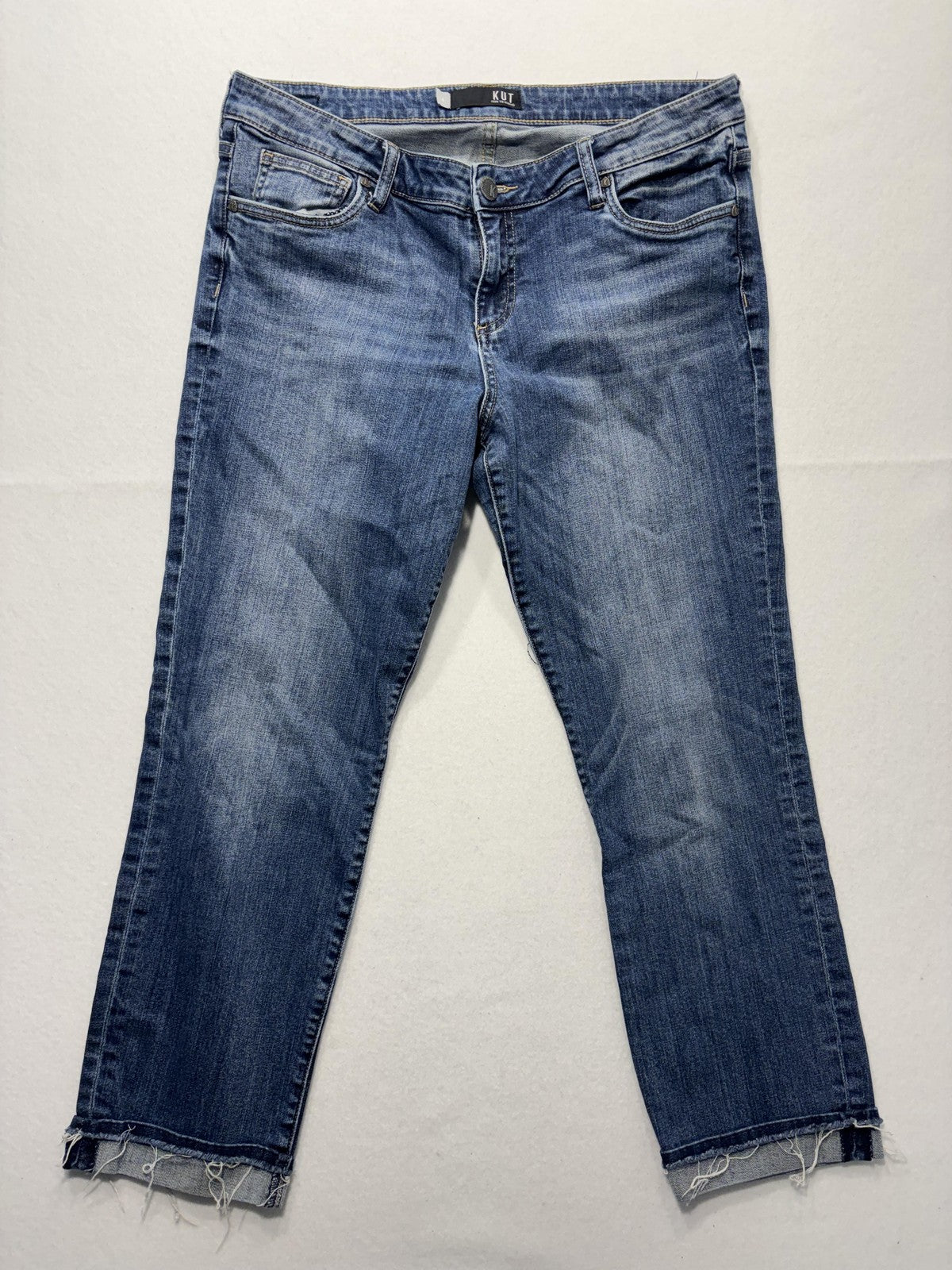 KUT From The Kloth Jeans Womens 14 Blue Mid Rise Straight Raw Hem Distressed