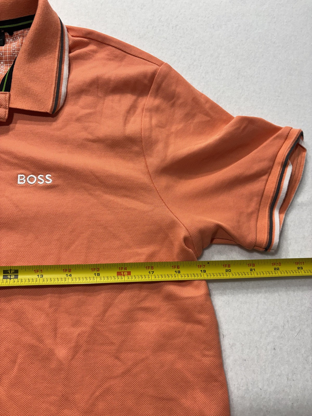 Boss Polo Shirt Mens Medium Orange Tipped Collar Logo Short Sleeve Knit Casual