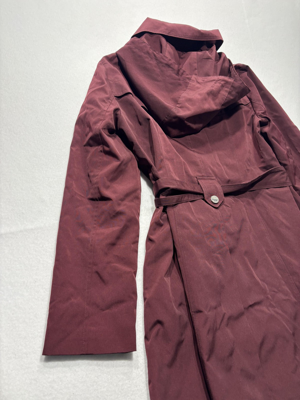 London Fog Trench Coat Womens S Red Belted Hooded Snap Front Mid Length