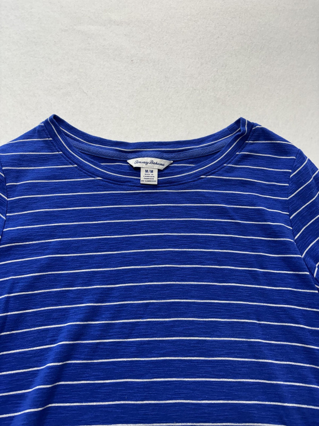 Tommy Bahama Shirt Womens Medium Blue Stripe Crew Neck 3/4 Sleeve Tunic Top