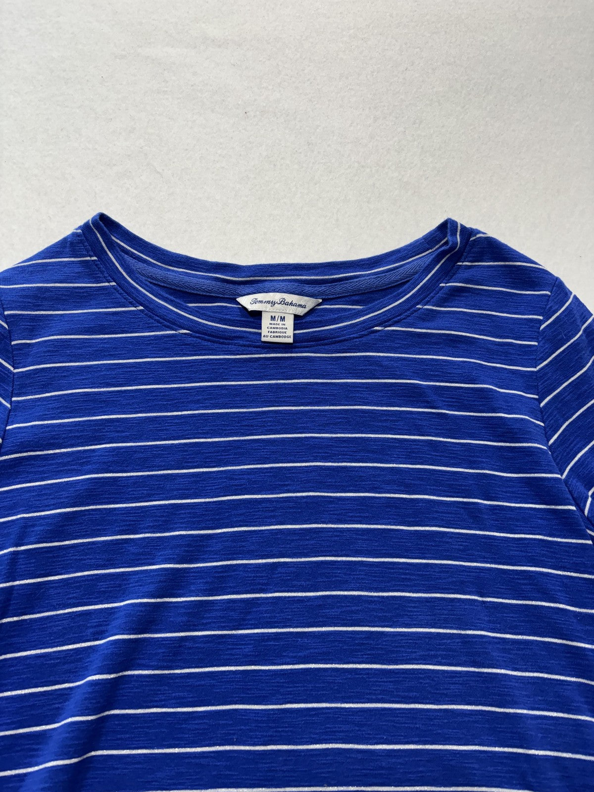Tommy Bahama Shirt Womens Medium Blue Stripe Crew Neck 3/4 Sleeve Tunic Top