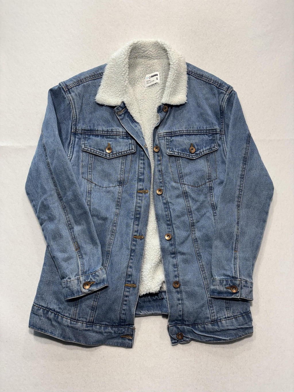 CI SONO Sherpa Lined Denim Jacket Juniors S Blue DJK939 Mid Length Trucker Coat