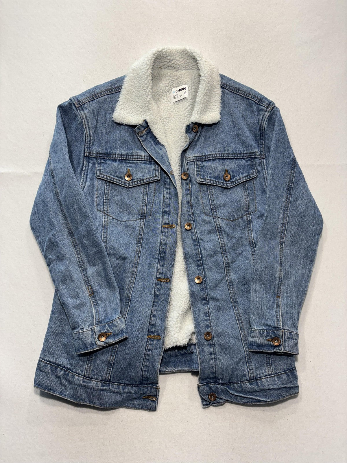CI SONO Sherpa Lined Denim Jacket Juniors S Blue DJK939 Mid Length Trucker Coat