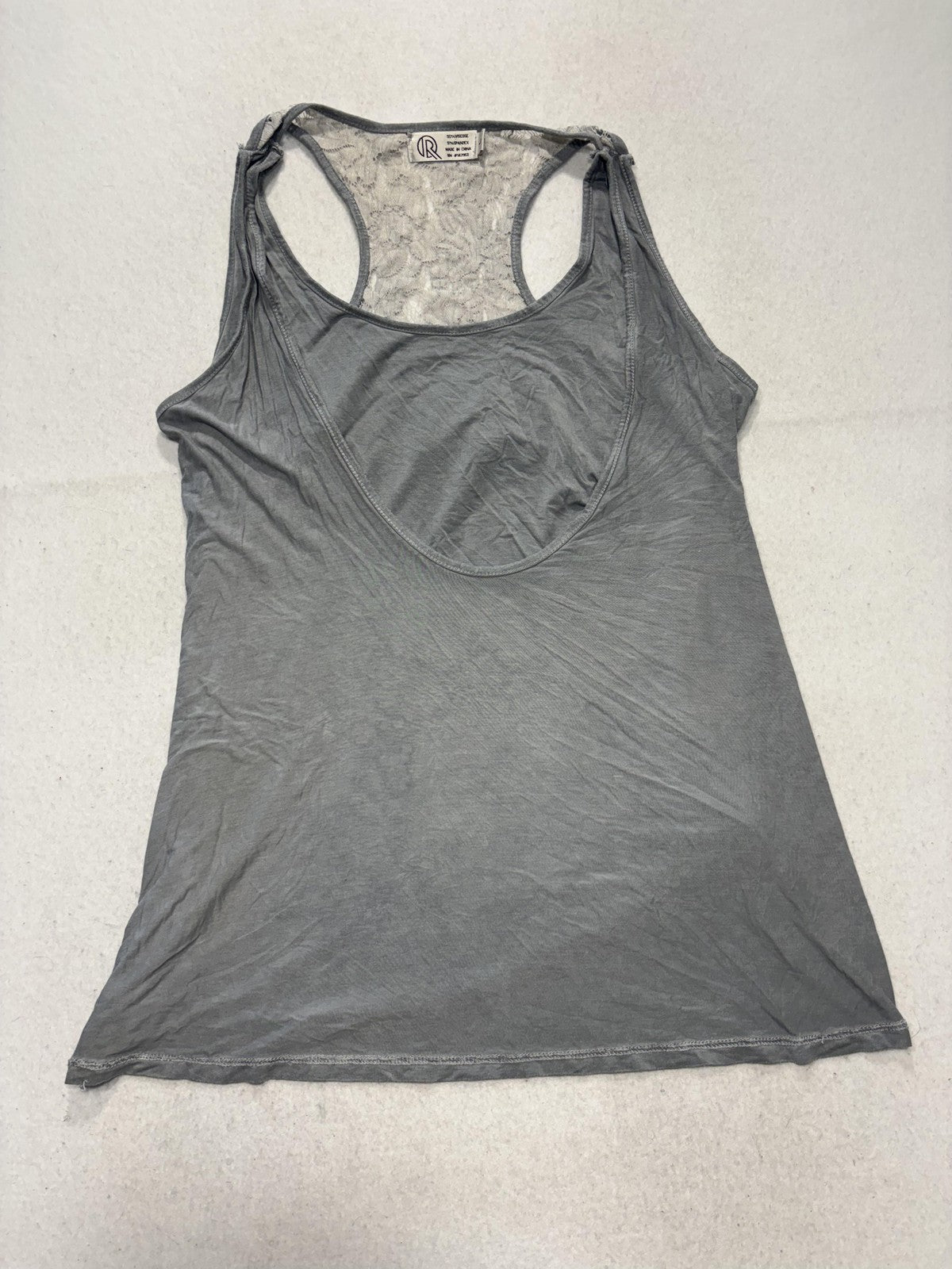 Tank Top Womens L Gray Scoop Neck Lace Racerback Knot Hem Summer Casual Stretch