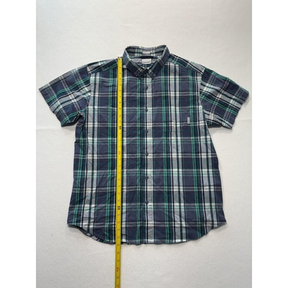 Columbia Shirt Mens Large Blue Green Plaid Short Sleeve Button Up Casual Stretch