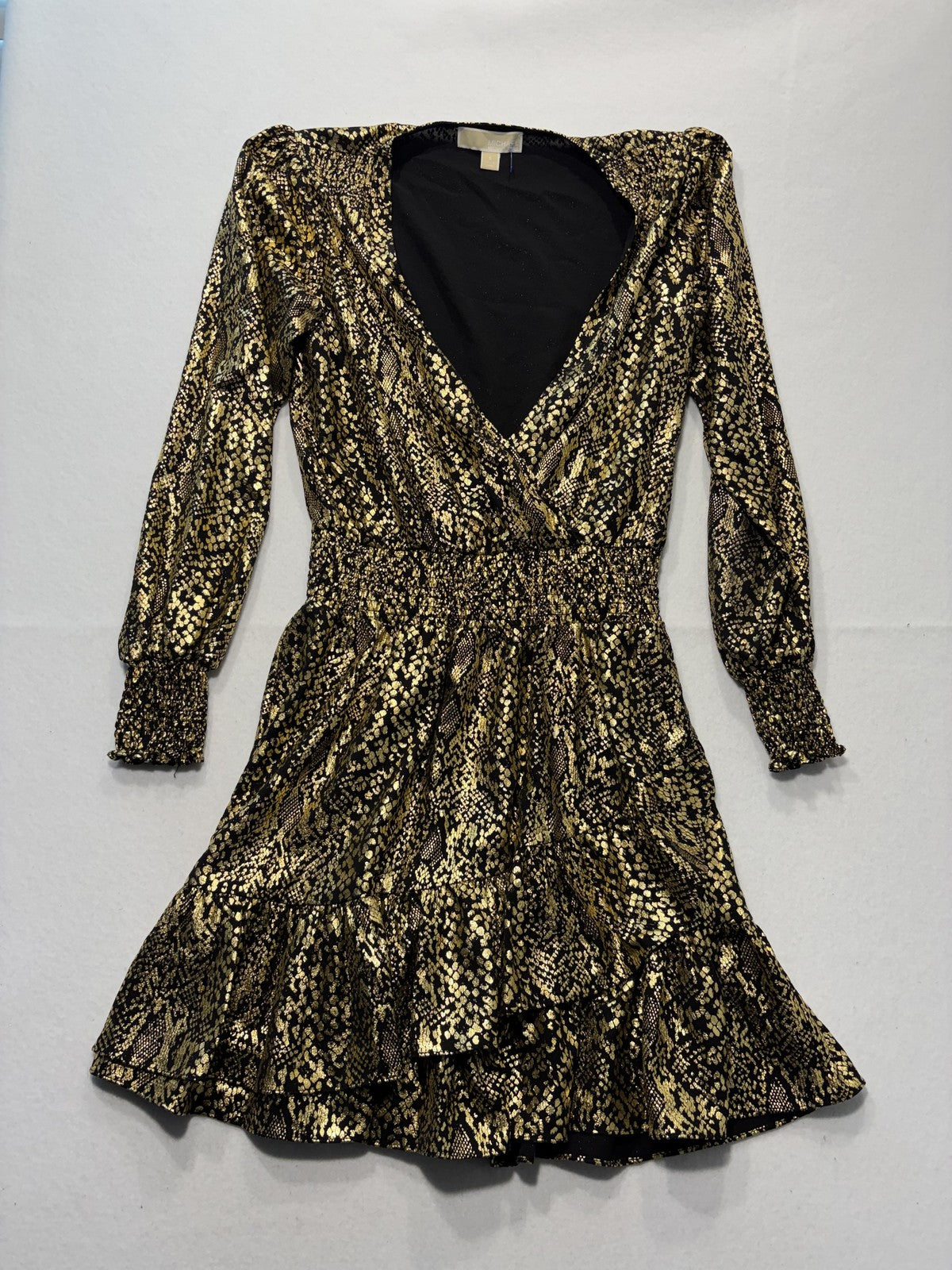 MICHAEL Michael Kors Dress Womens Small Gold Animal Print Long Sleeve Ruffle